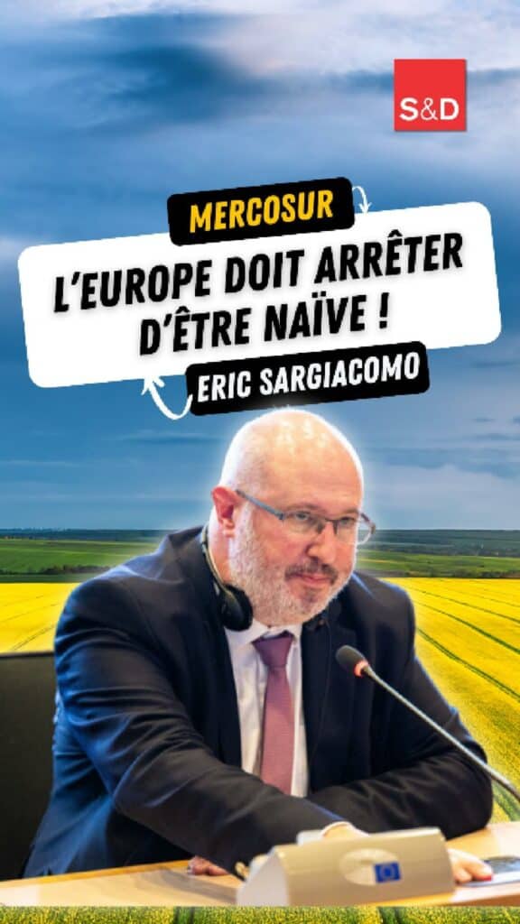 Lutte contre la naïveté de l'Europe face au Mercosur, portrait d'Eric Sargiacomo, député européen, lors d'une réunion politique.