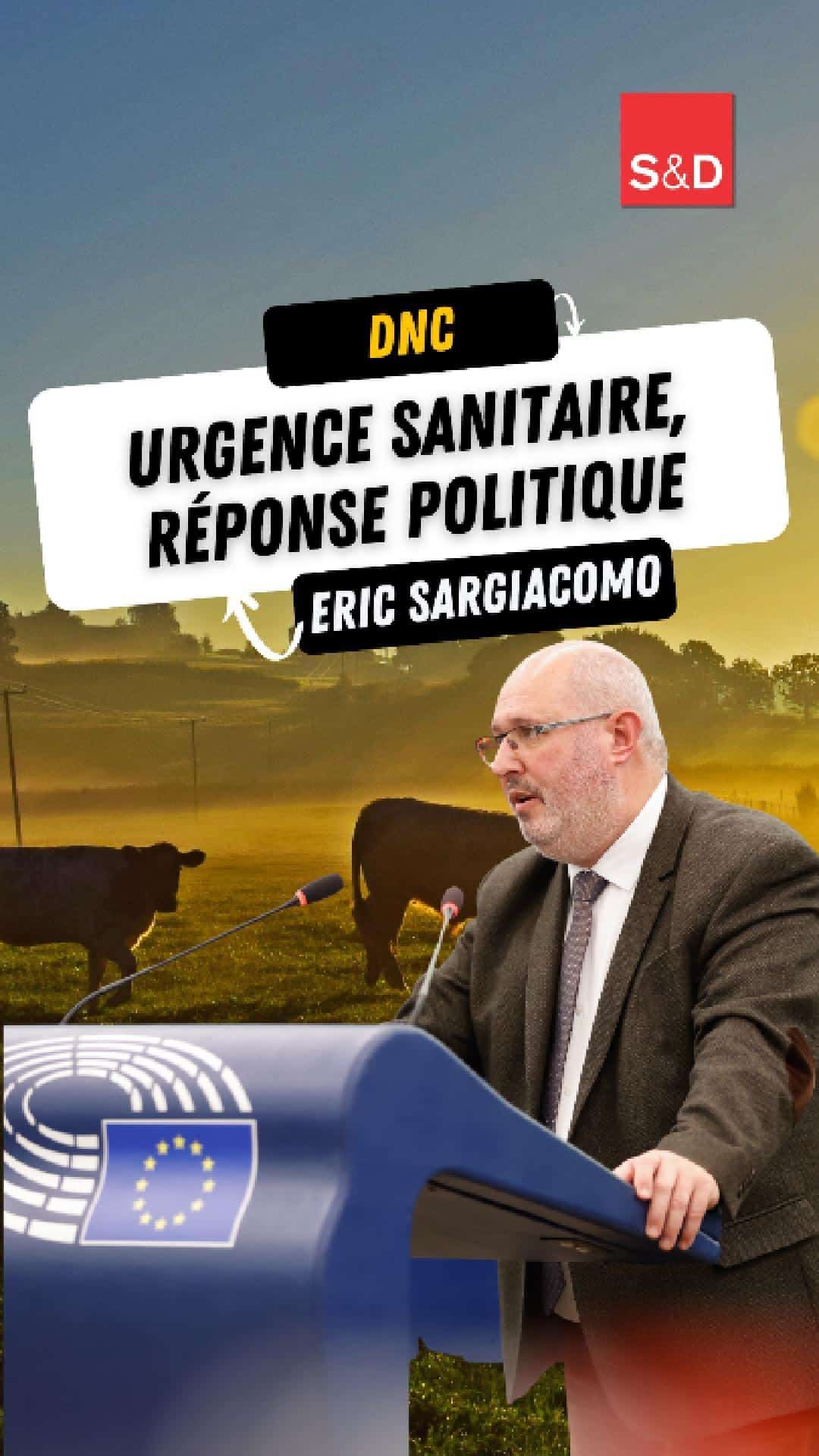 Sargiacomo, député européen, lors d'une conférence sur l'urgence sanitaire et la réponse politique en Europe, avec un fond de campagne illustré de vaches dans un paysage rural, soulignant ses engagements en agriculture et santé.