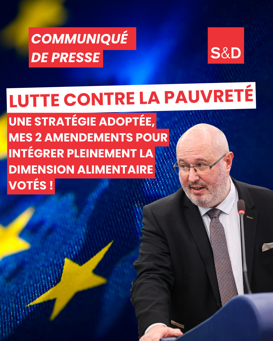 Député européen Eric sargiacomo qui annonce que ses amendements contre la précarité alimentaire ont été adoptés