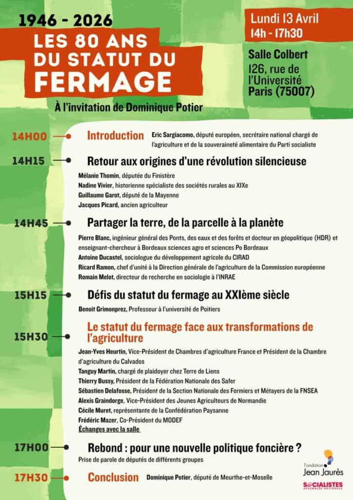 Le programme de l'évènement sur le statut du fermage à l'Assemblée nationale