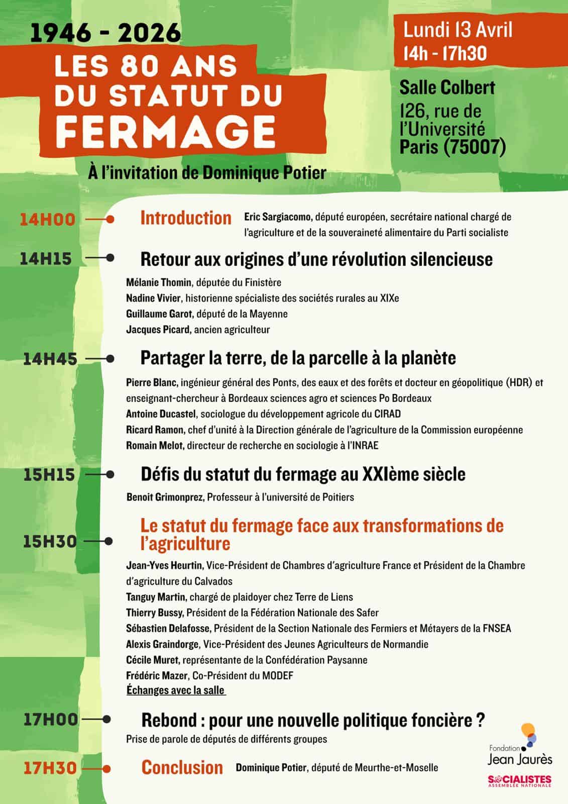 Le programme de l'évènement sur le statut du fermage à l'Assemblée nationale