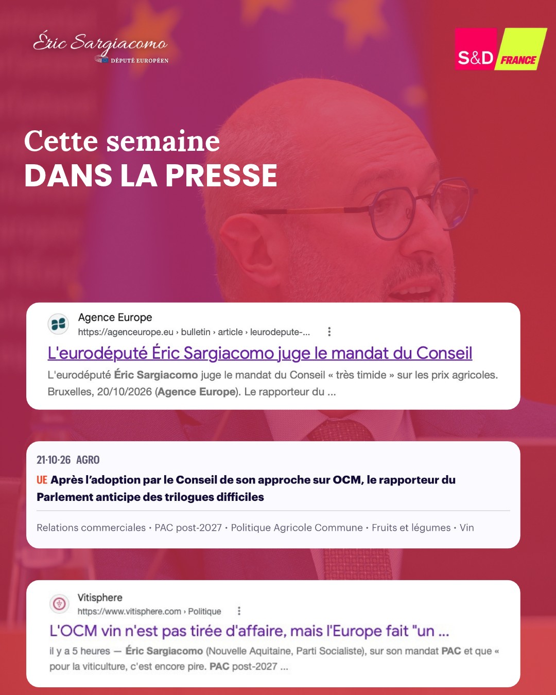 Présentation d’Eric Sargiacomo, député européen des Landes. - Engagements pour l’agriculture, la pêche, et la justice sociale. - Vice-présidence de la commission agriculture.