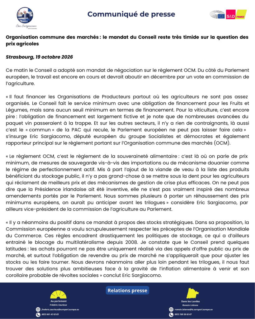Présentation d’Eric Sargiacomo, député européen des Landes. - Engagements pour l’agriculture, la pêche, et la justice sociale. - Vice-présidence de la commission agriculture.